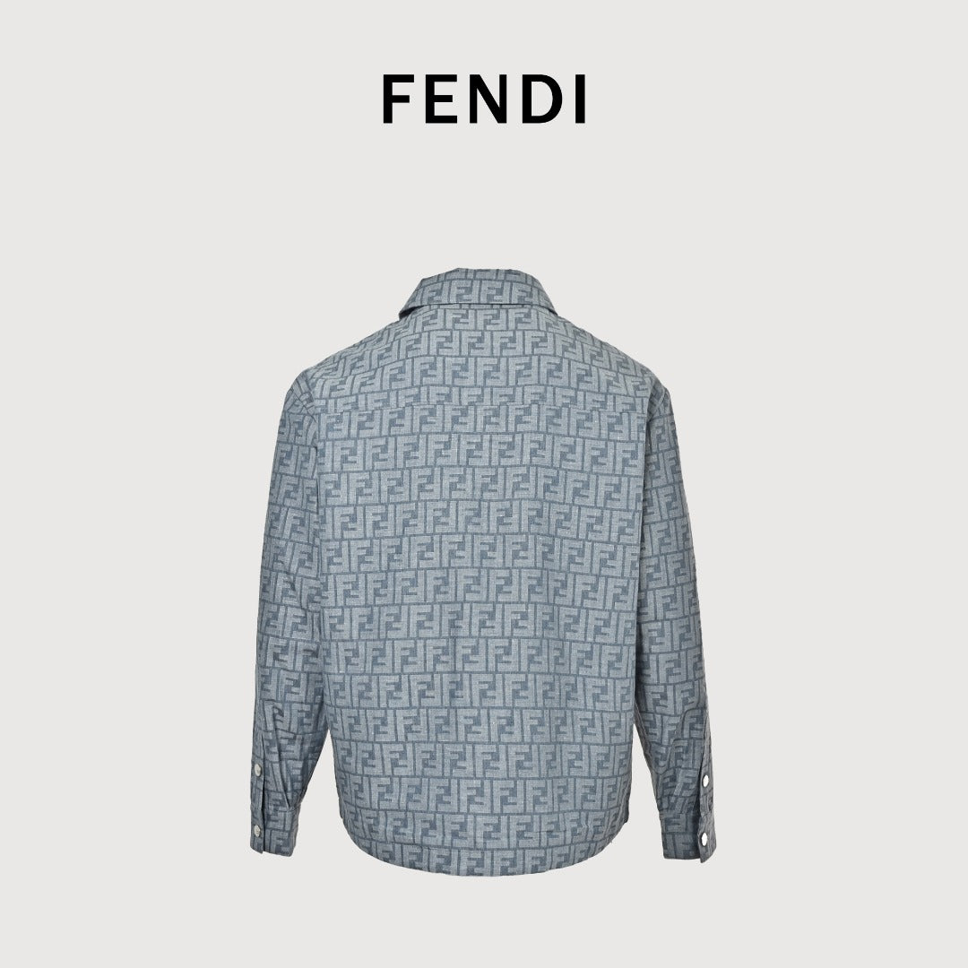 Fendi FF Monogram All-Over Sea Salt Blue Spread Collar Zip-Up Jacket