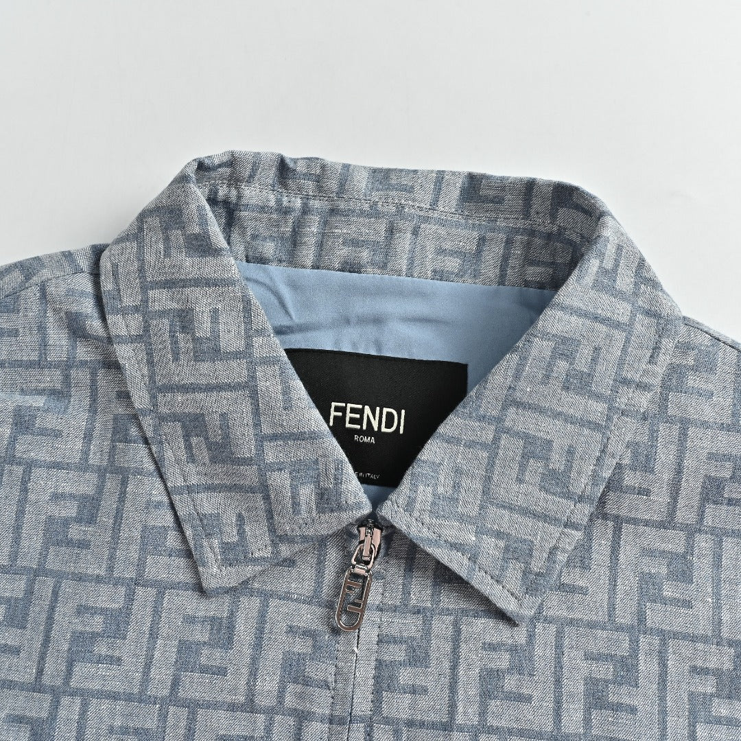 Fendi FF Monogram All-Over Sea Salt Blue Spread Collar Zip-Up Jacket