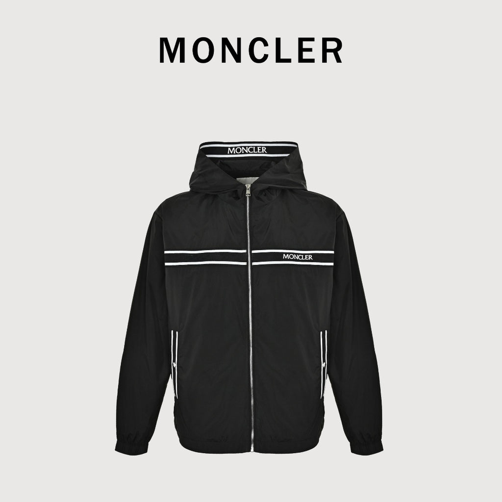 Moncler Chest Logo Embroidered Letter Tape Hooded Zip-Up Jacket — Navy