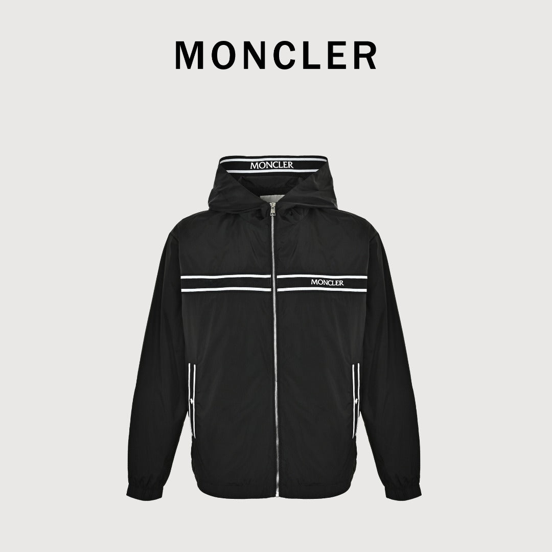 Moncler Chest Logo Embroidered Letter Tape Hooded Zip-Up Jacket — Navy
