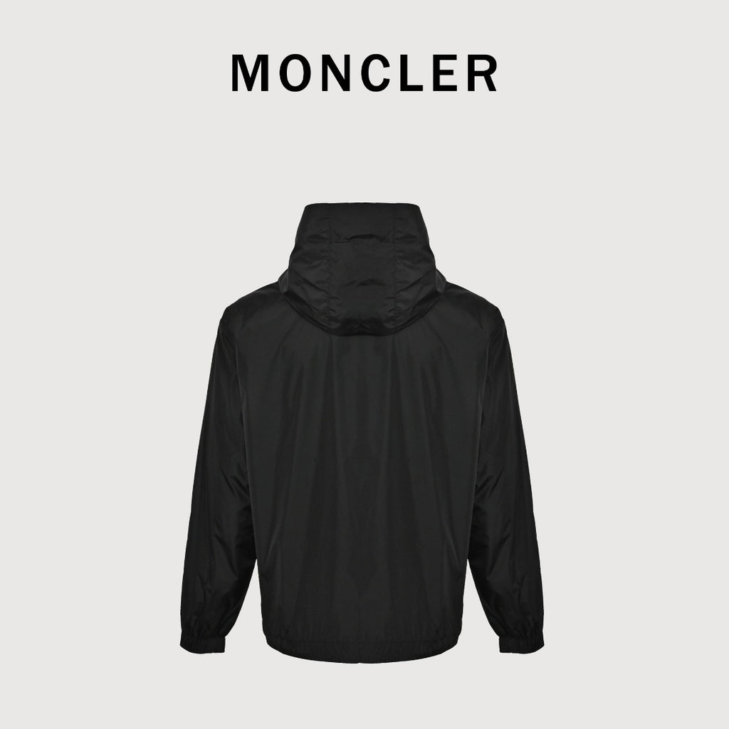 Moncler Chest Logo Embroidered Letter Tape Hooded Zip-Up Jacket — Navy