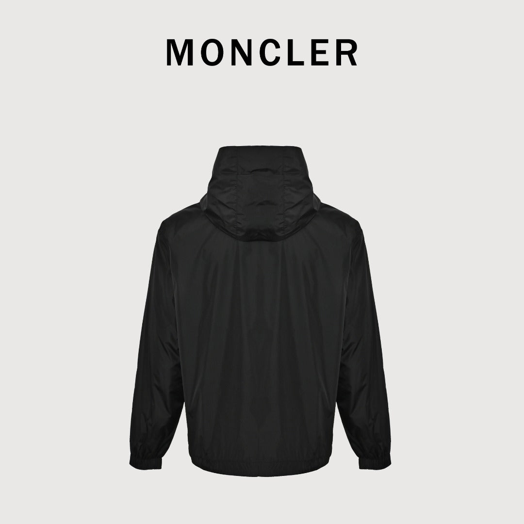 Moncler Chest Logo Embroidered Letter Tape Hooded Zip-Up Jacket — Navy