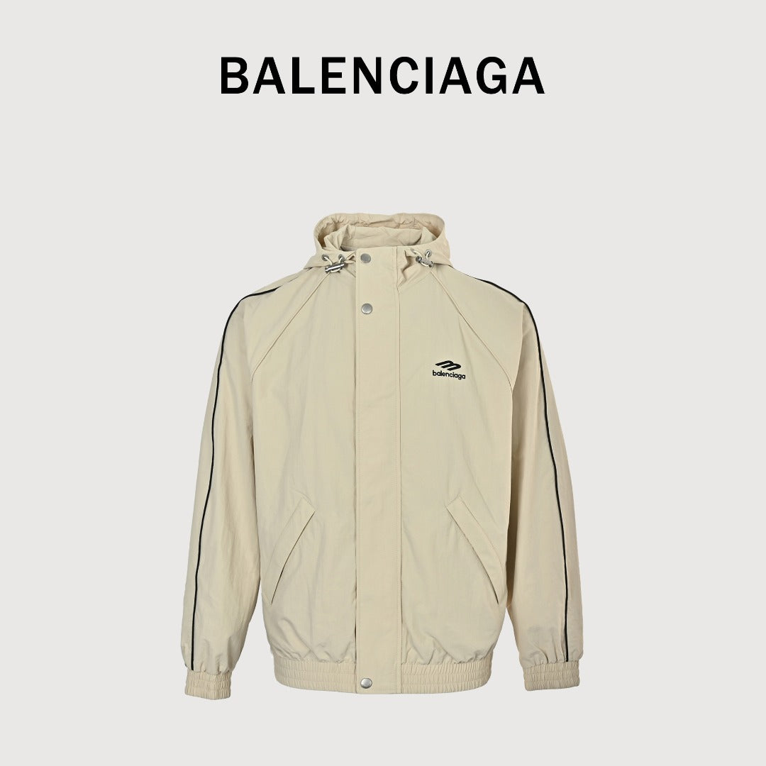 Balenciaga Side Woven Tape Chest 3M Embroidered Hooded Zip-Up Jacket — Ecru