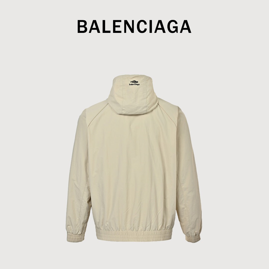 Balenciaga Side Woven Tape Chest 3M Embroidered Hooded Zip-Up Jacket — Ecru