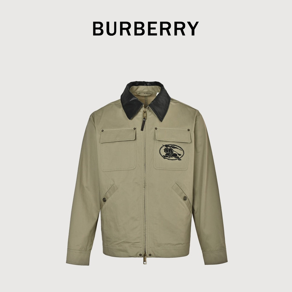 Burberry BBR Leather Collar Equestrian Emblem Cargo Pocket Workwear Jacket