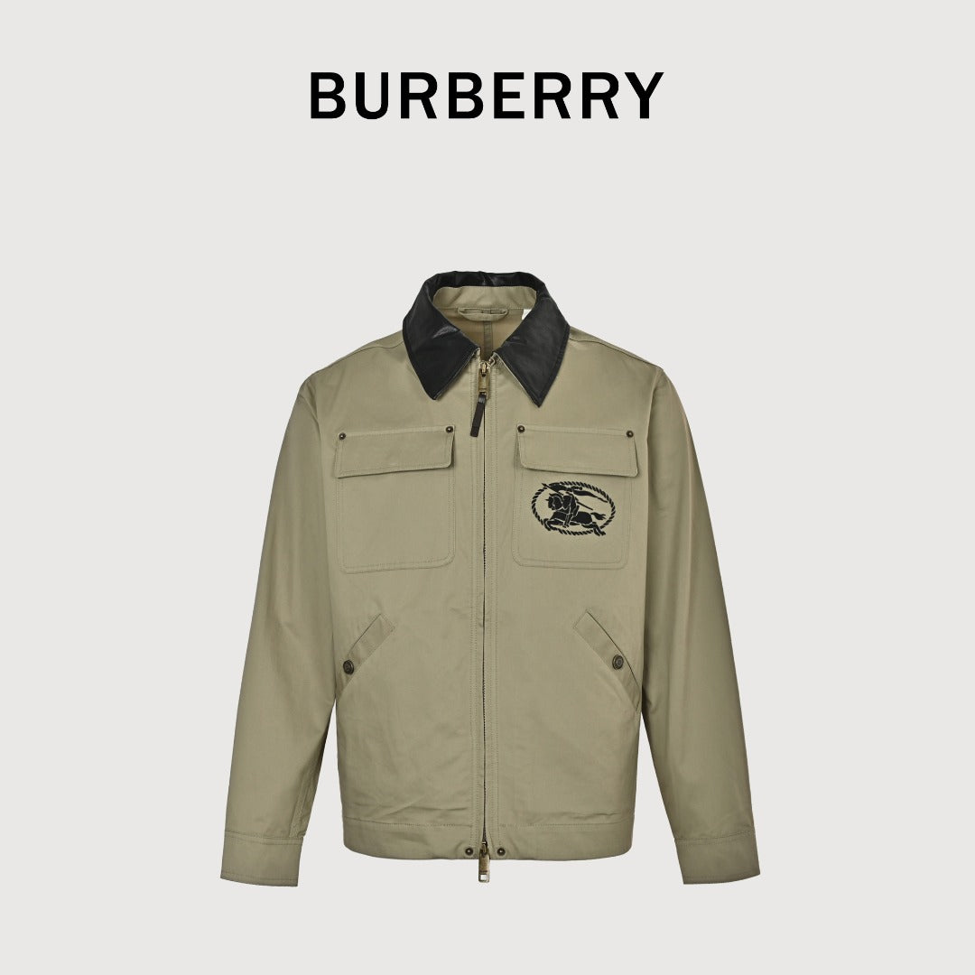 Burberry BBR Leather Collar Equestrian Emblem Cargo Pocket Workwear Jacket