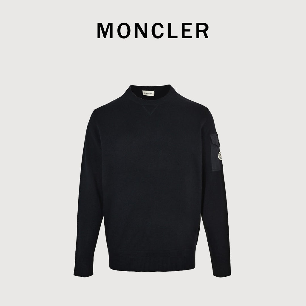 Moncler MC Sleeve Zip Pocket Two-Tone Crew Neck Sweatshirt — Black