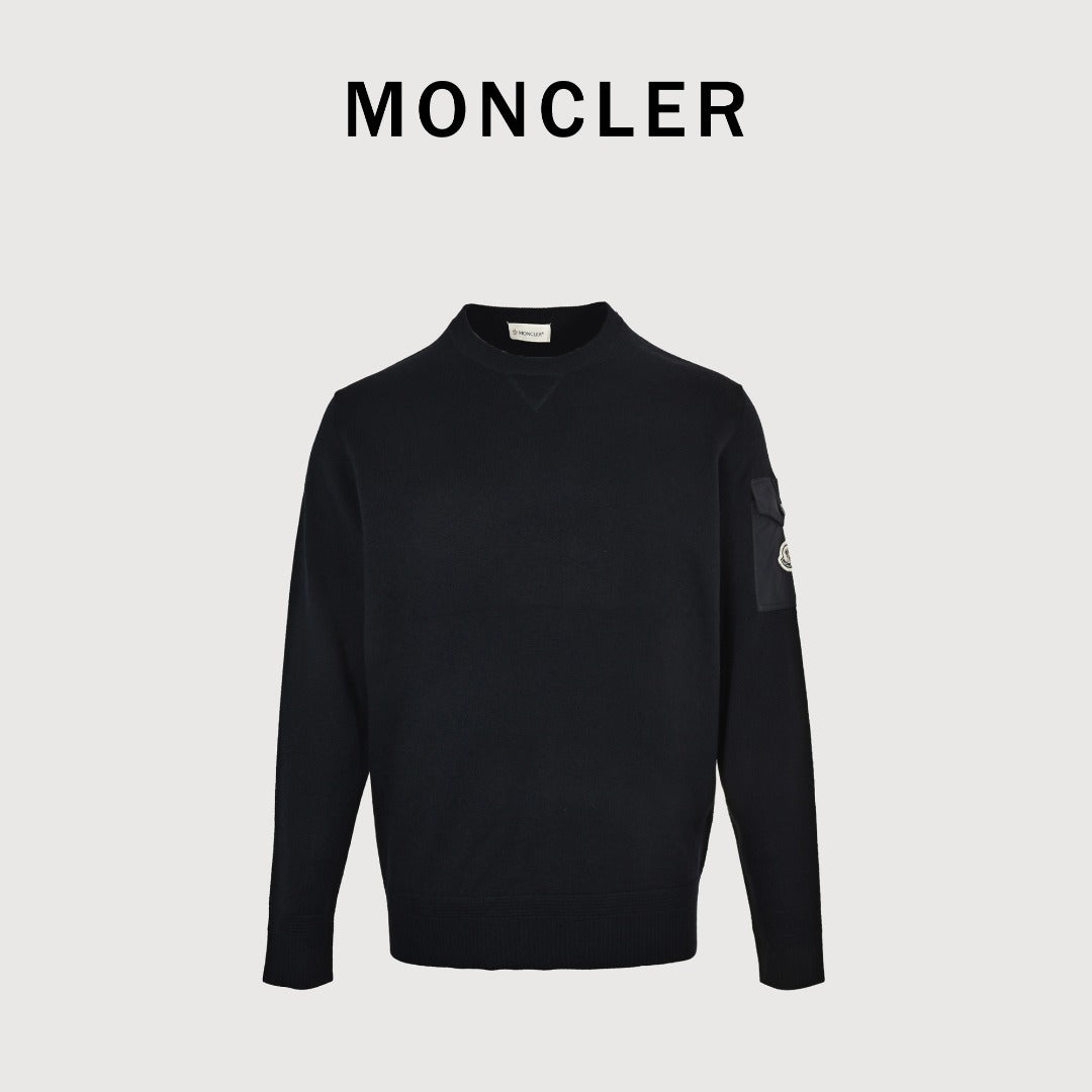 Moncler MC Sleeve Zip Pocket Two-Tone Crew Neck Sweatshirt — Black