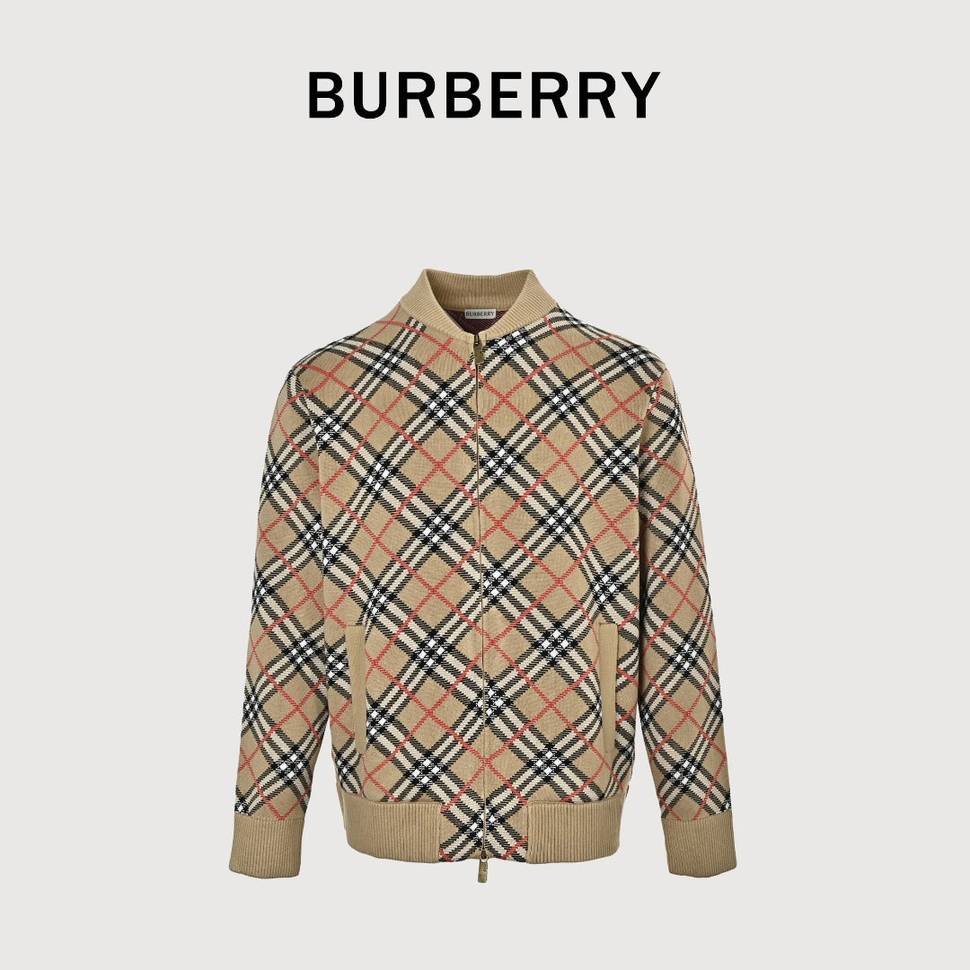 Burberry BBR Oversized Diamond Check Mixed Knit Zip-Up Cardigan Jacket