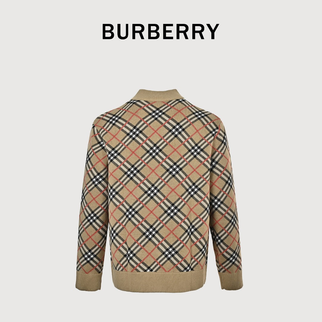 Burberry BBR Oversized Diamond Check Mixed Knit Zip-Up Cardigan Jacket