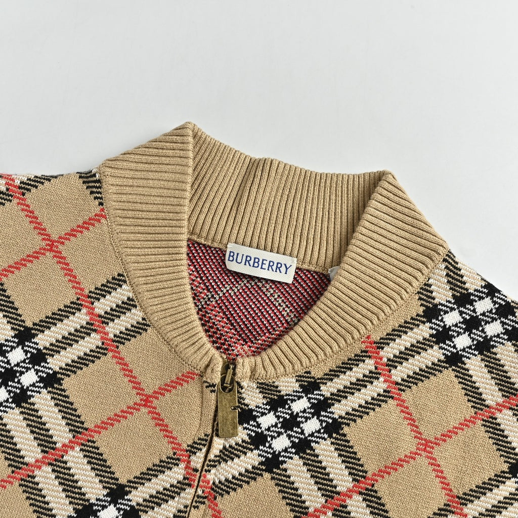 Burberry BBR Oversized Diamond Check Mixed Knit Zip-Up Cardigan Jacket