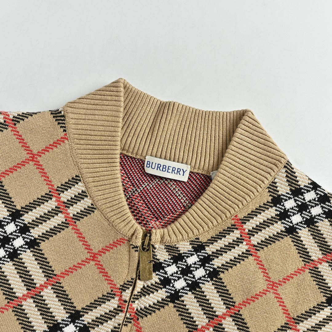 Burberry BBR Oversized Diamond Check Mixed Knit Zip-Up Cardigan Jacket