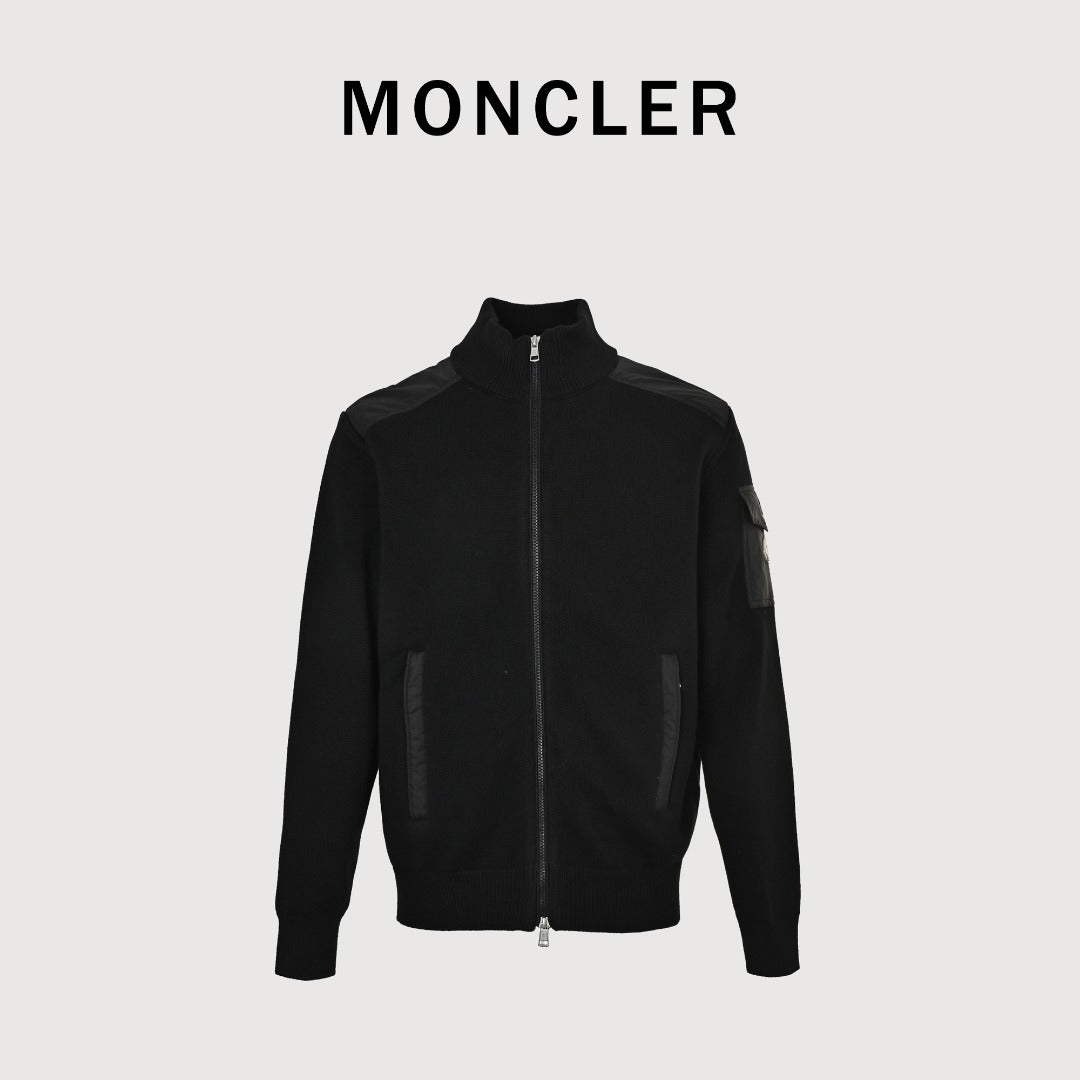 Moncler MC Panelled Nylon Sleeve Zip Pocket Zip-Up Knit Cardigan Jacket
