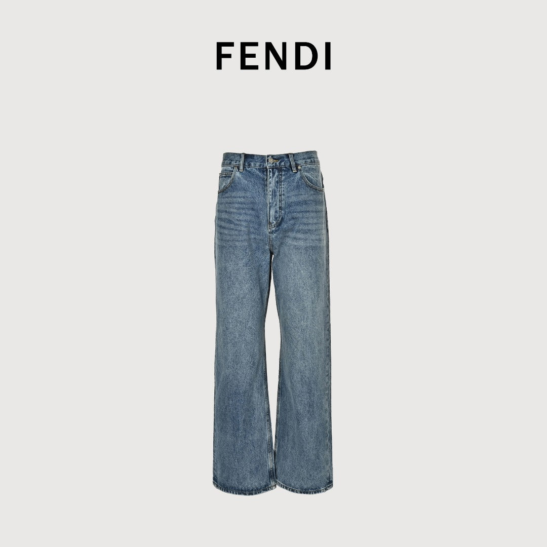 Fendi FD Letter Leather Patch Wide-Leg Denim Jeans