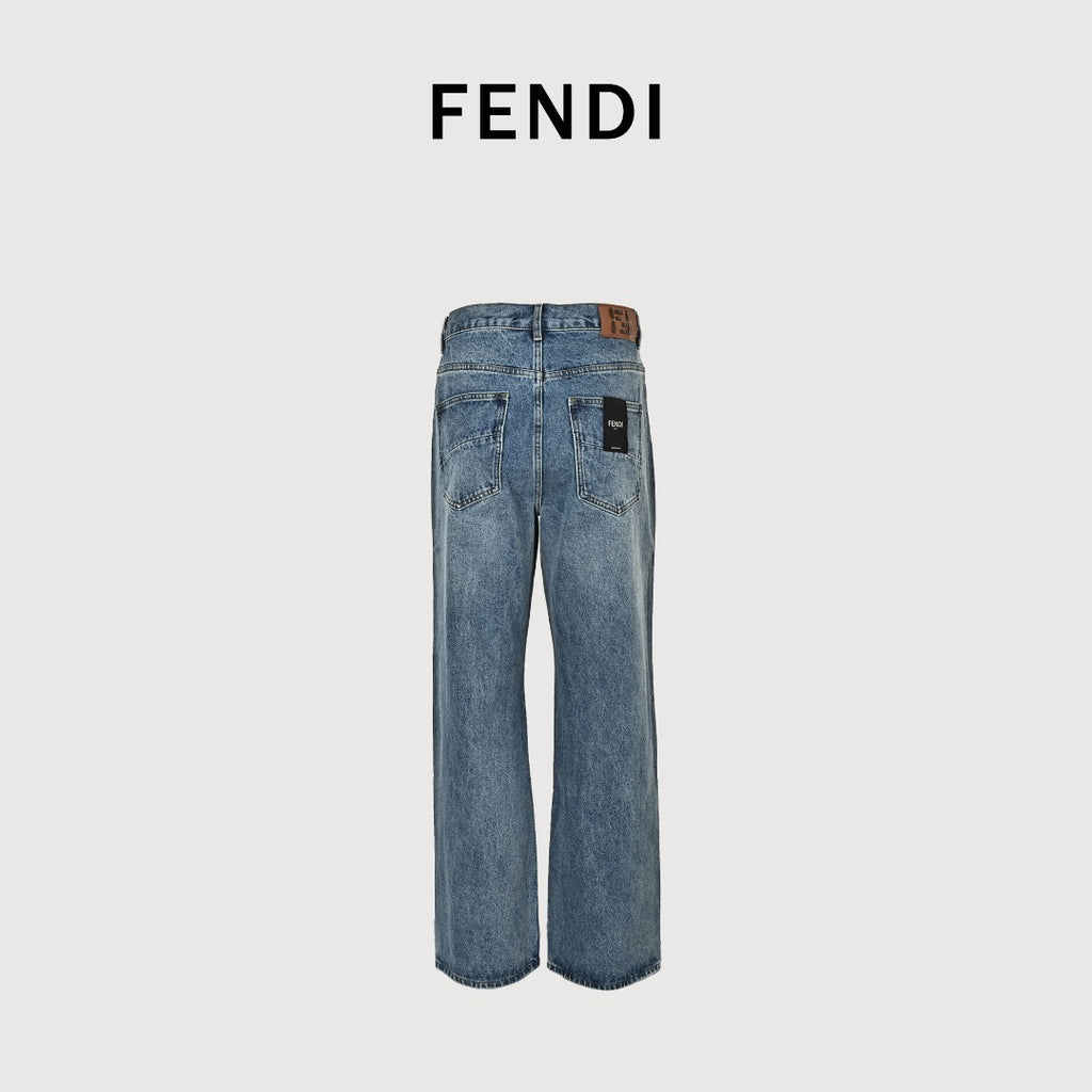 Fendi FD Letter Leather Patch Wide-Leg Denim Jeans