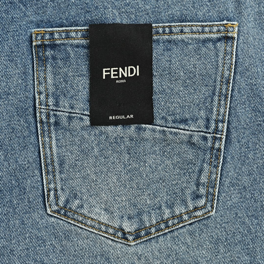 Fendi FD Letter Leather Patch Wide-Leg Denim Jeans