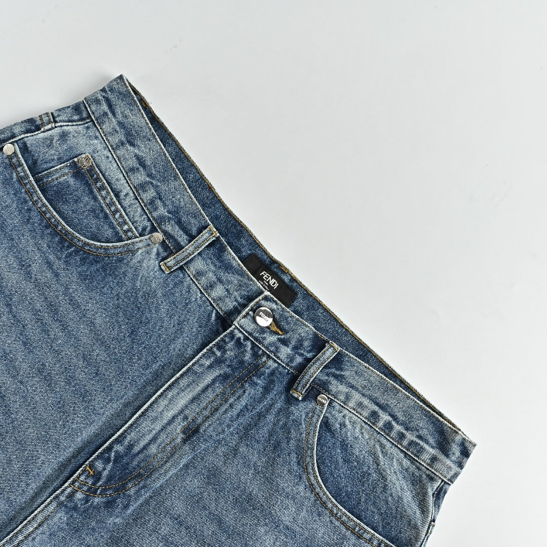 Fendi FD Letter Leather Patch Wide-Leg Denim Jeans