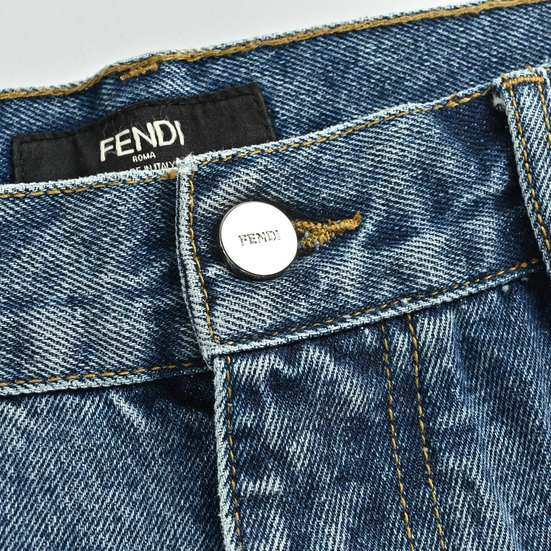 Fendi FD Letter Leather Patch Wide-Leg Denim Jeans