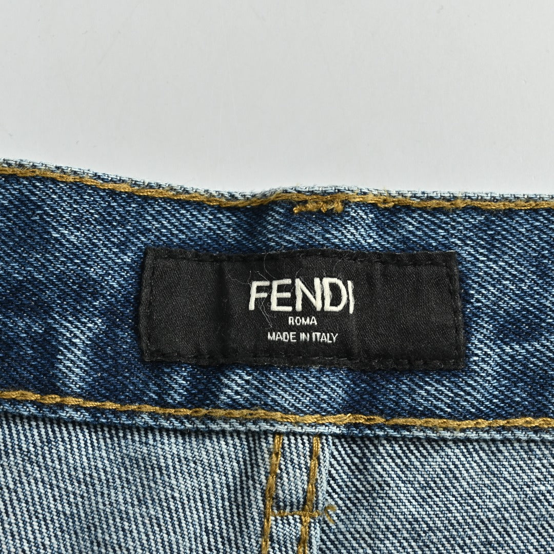 Fendi FD Letter Leather Patch Wide-Leg Denim Jeans