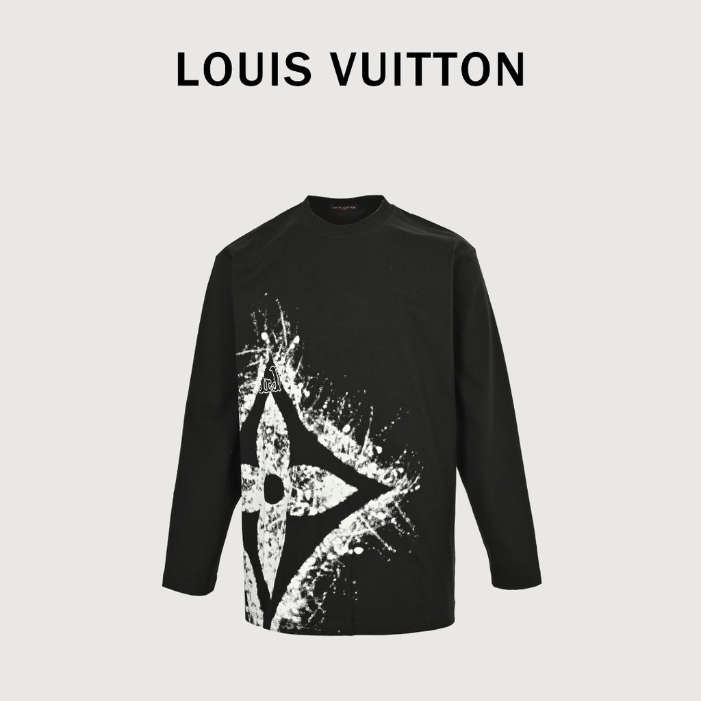 Louis Vuitton 25FW Hem Four-Leaf Clover Ink Splash Print Long Sleeve T-Shirt Black