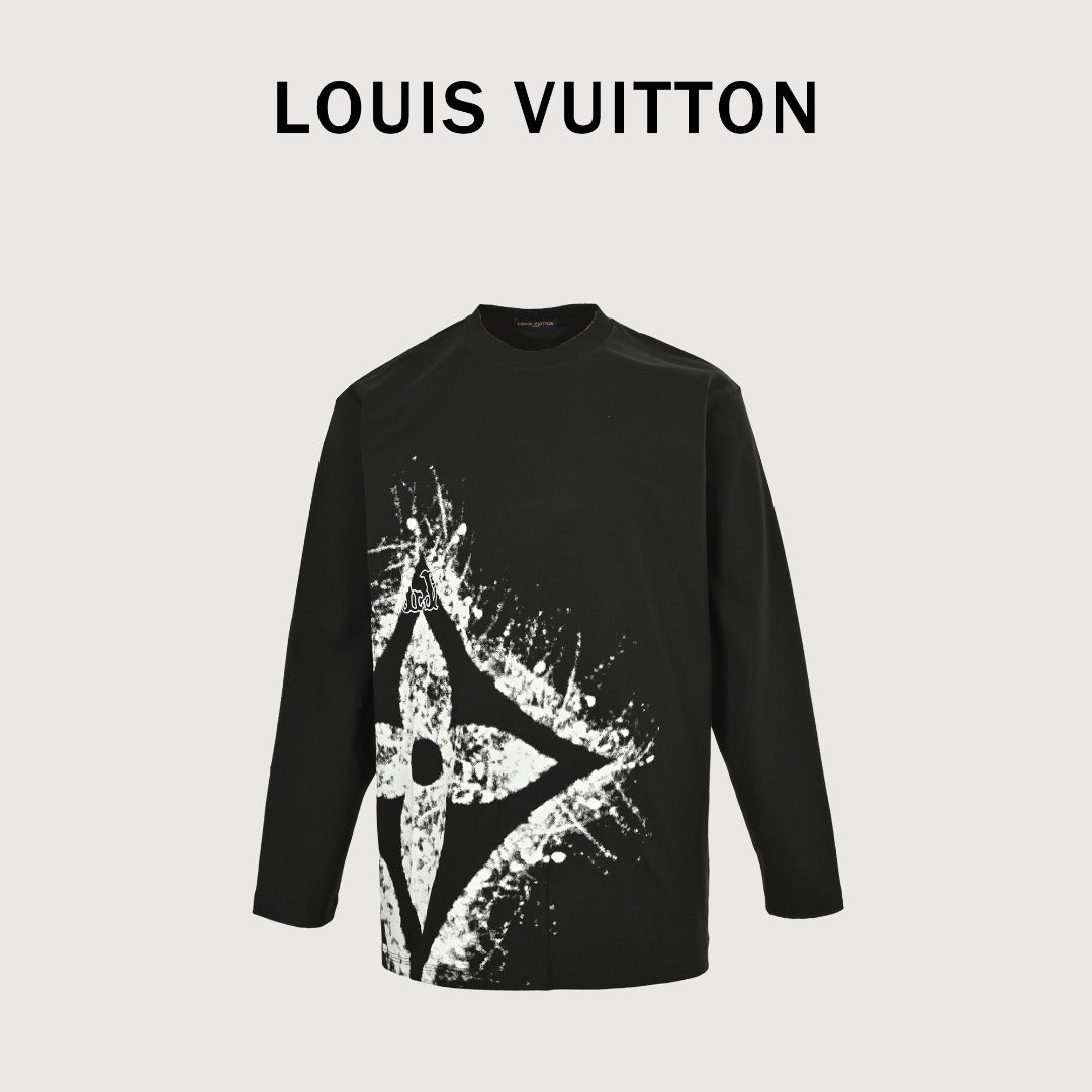 Louis Vuitton 25FW Hem Four-Leaf Clover Ink Splash Print Long Sleeve T-Shirt Black