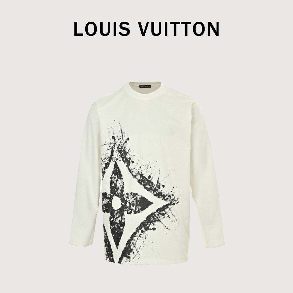 Louis Vuitton 25FW Hem Four-Leaf Clover Ink Splash Print Long Sleeve T-Shirt White