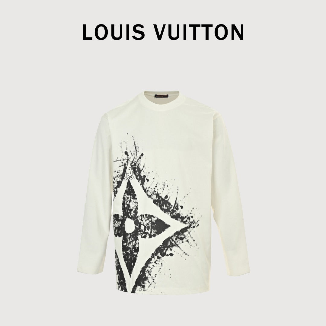 Louis Vuitton 25FW Hem Four-Leaf Clover Ink Splash Print Long Sleeve T-Shirt White