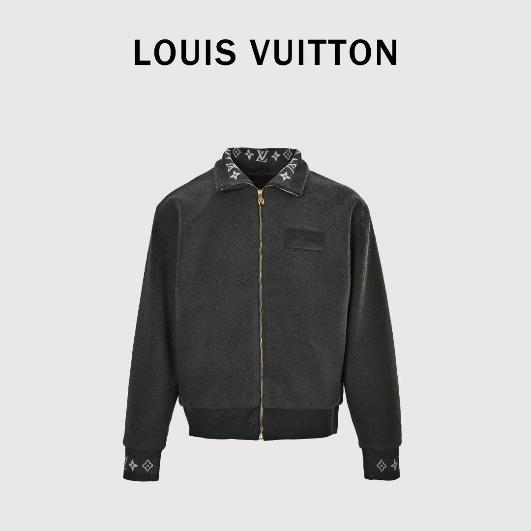 Louis Vuitton LV Monogram Jacquard Fleece Stand Collar Jacket Black