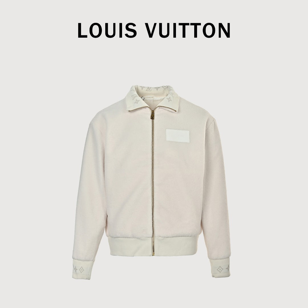 Louis Vuitton LV Monogram Jacquard Fleece Stand Collar Jacket Cream