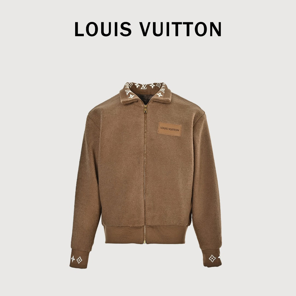 Louis Vuitton LV Monogram Jacquard Fleece Stand Collar Jacket Camel