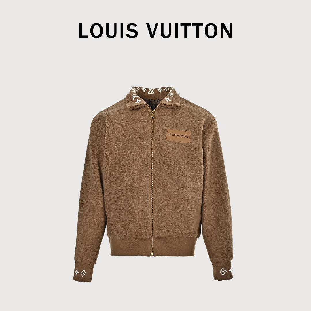 Louis Vuitton LV Monogram Jacquard Fleece Stand Collar Jacket Camel