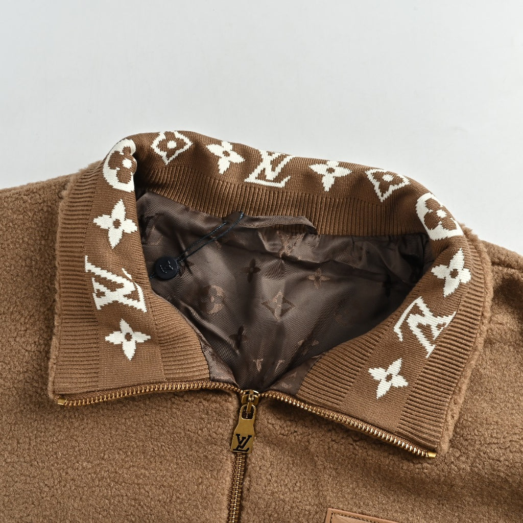 Louis Vuitton LV Monogram Jacquard Fleece Stand Collar Jacket Camel