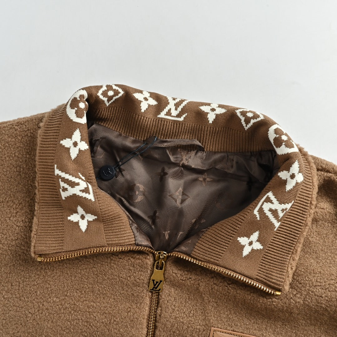 Louis Vuitton LV Monogram Jacquard Fleece Stand Collar Jacket Camel