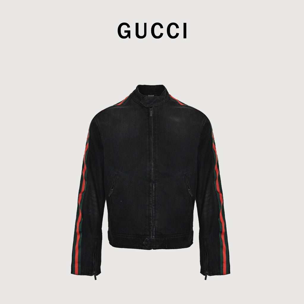 Gucci Red Green Web Stripe Moto Denim Jacket Black