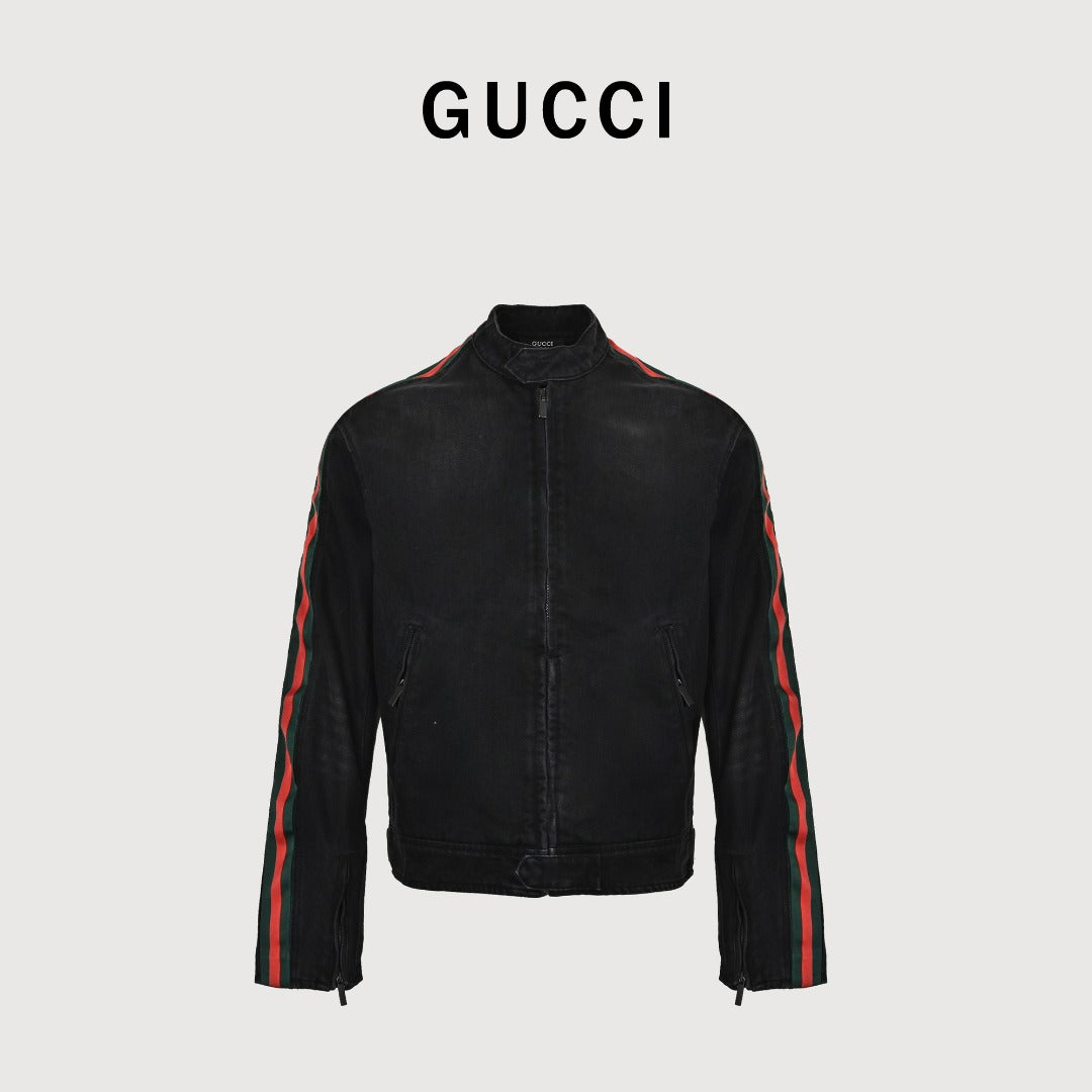 Gucci Red Green Web Stripe Moto Denim Jacket Black