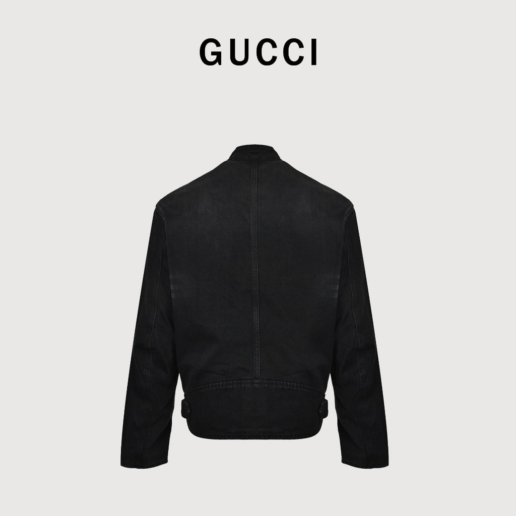 Gucci Red Green Web Stripe Moto Denim Jacket Black