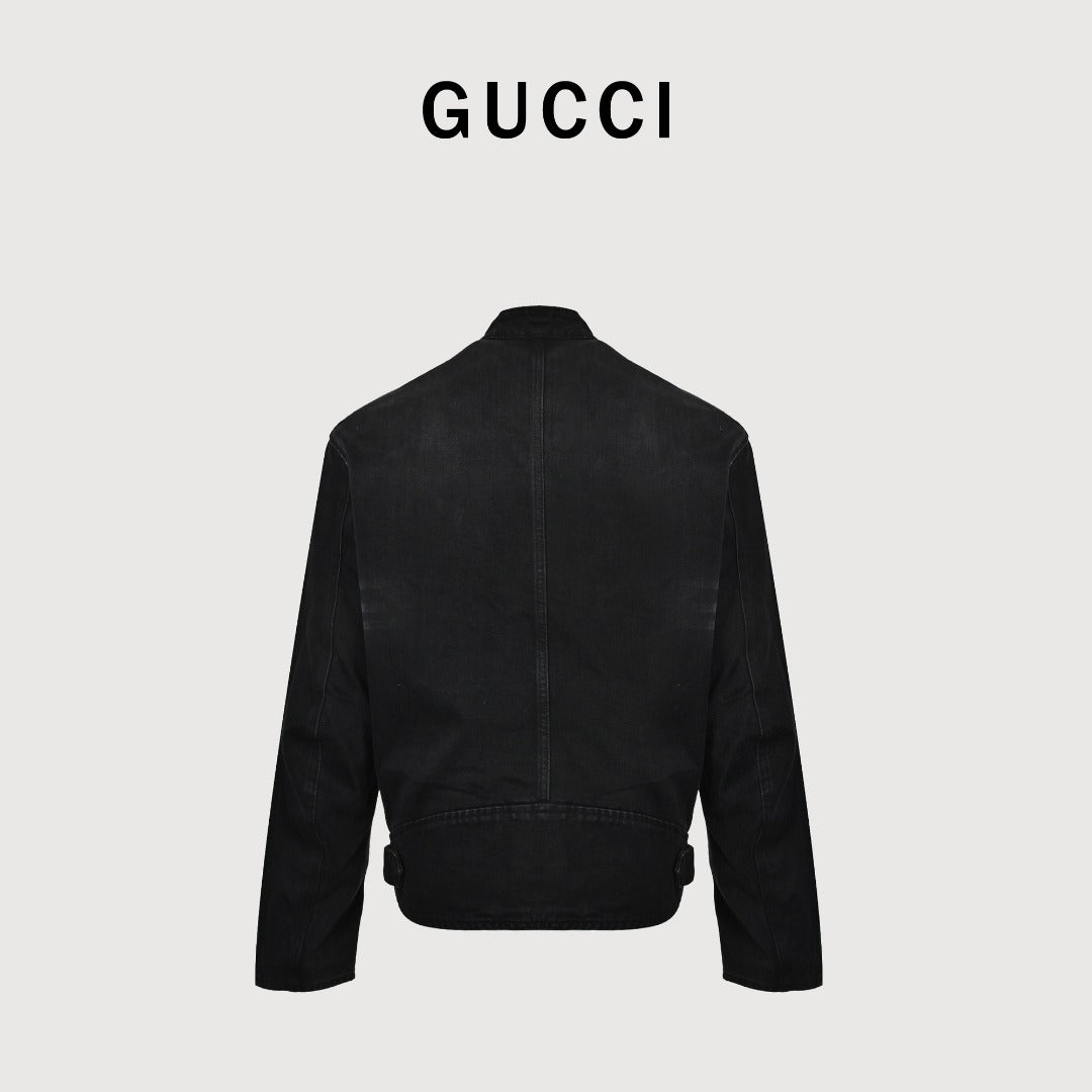 Gucci Red Green Web Stripe Moto Denim Jacket Black