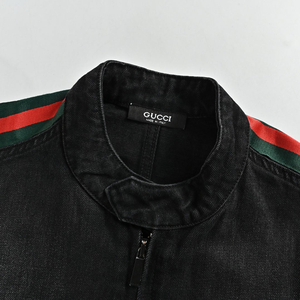 Gucci Red Green Web Stripe Moto Denim Jacket Black