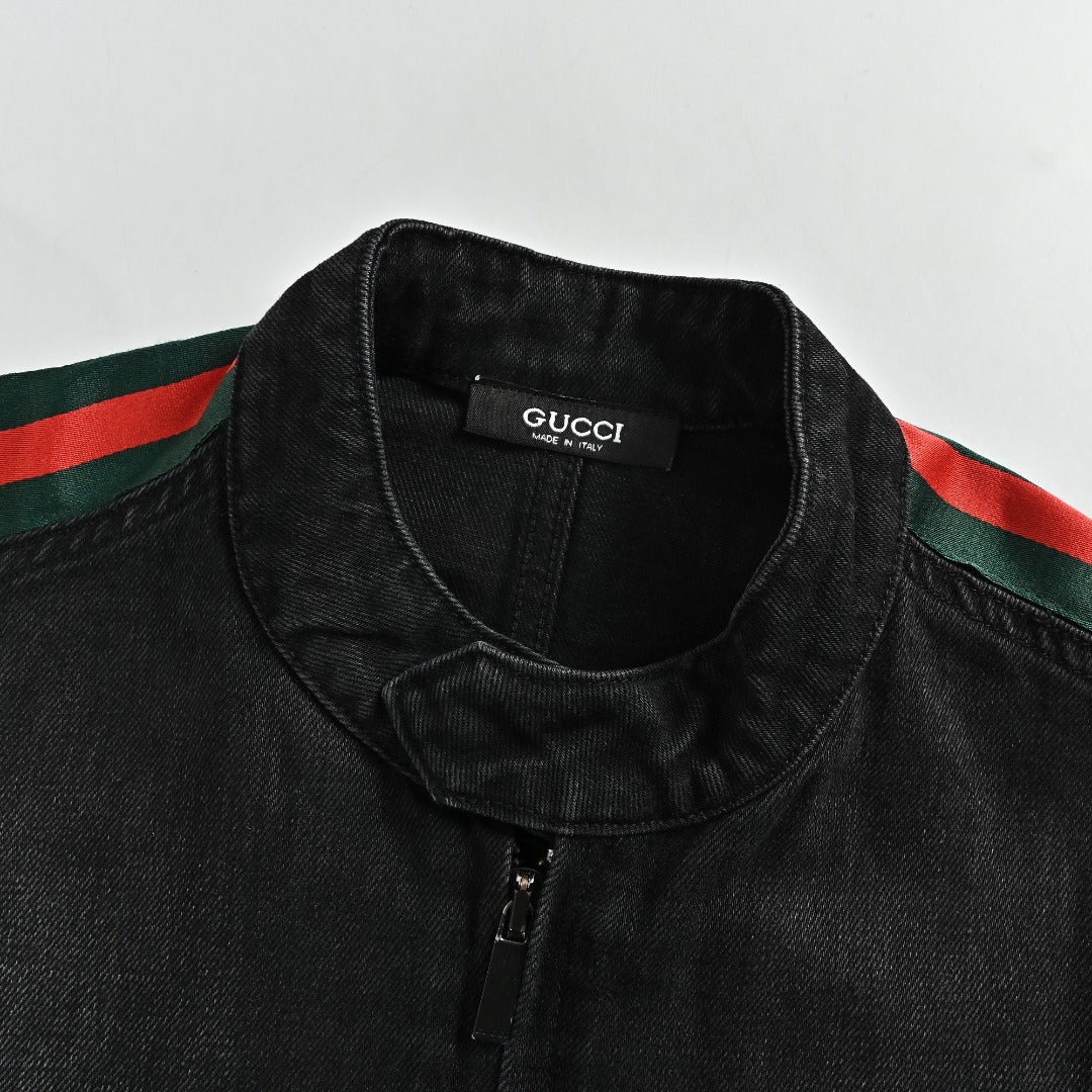 Gucci Red Green Web Stripe Moto Denim Jacket Black