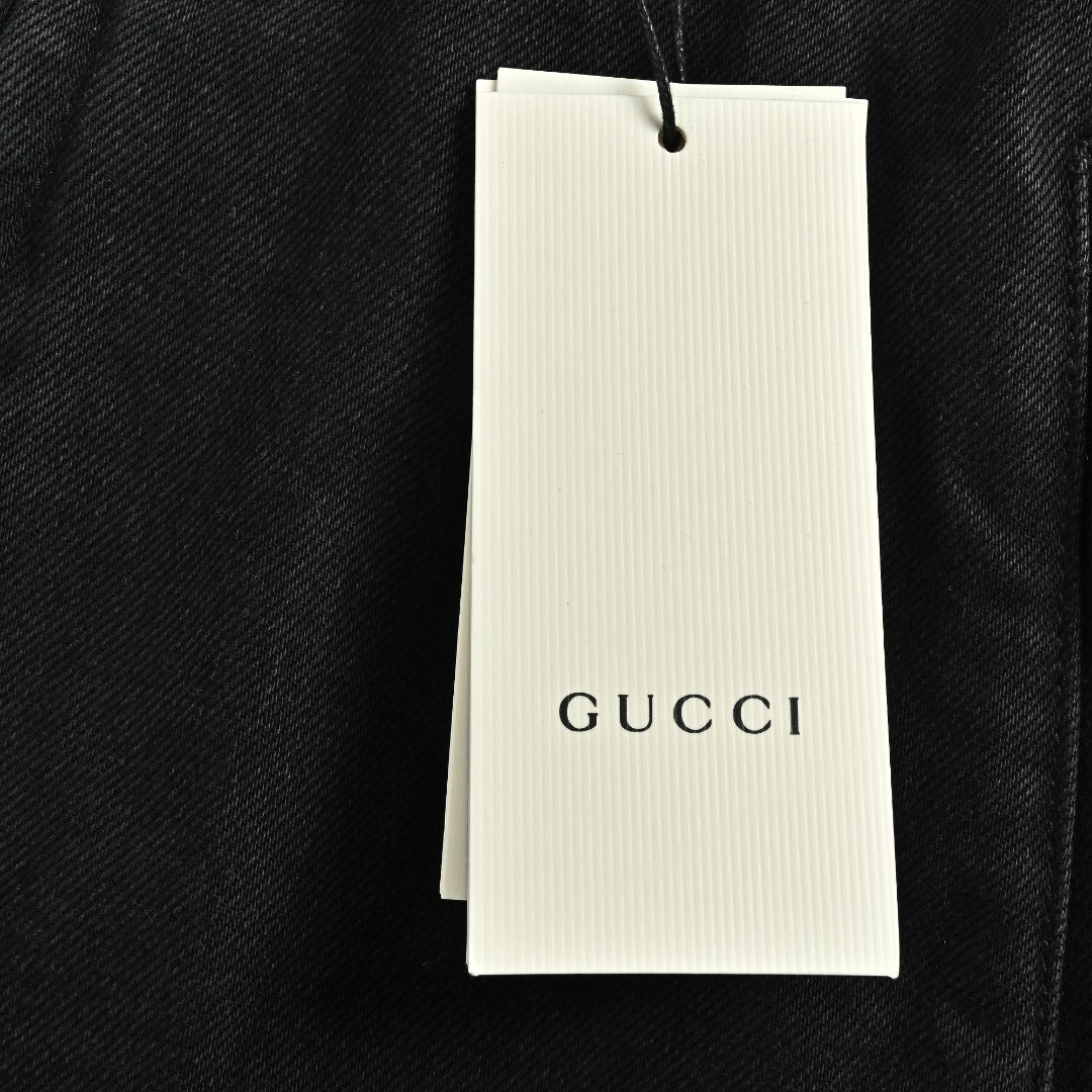 Gucci Red Green Web Stripe Moto Denim Jacket Black