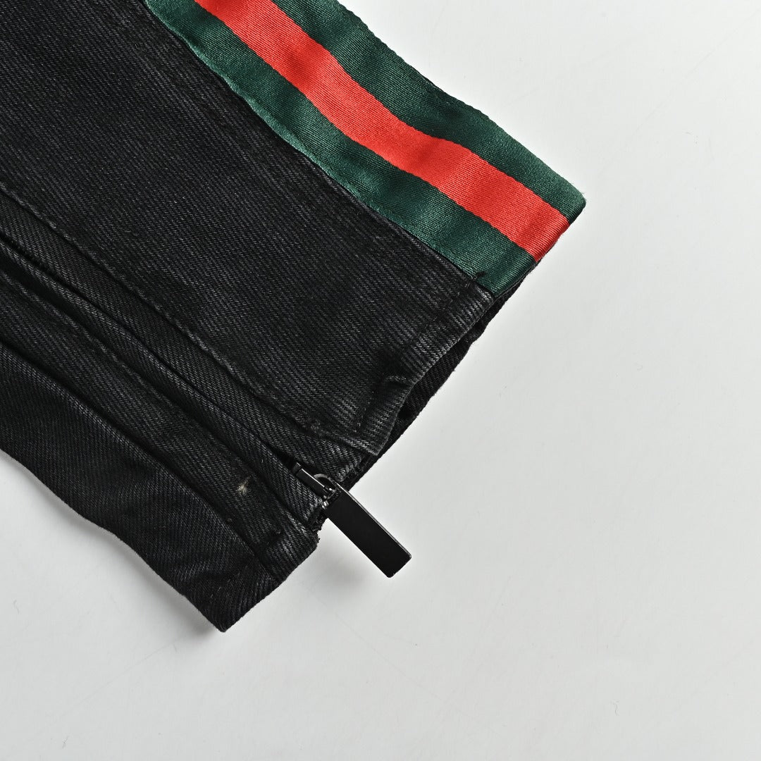 Gucci Red Green Web Stripe Moto Denim Jacket Black