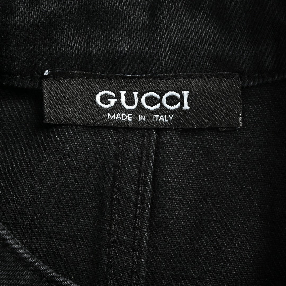Gucci Red Green Web Stripe Moto Denim Jacket Black