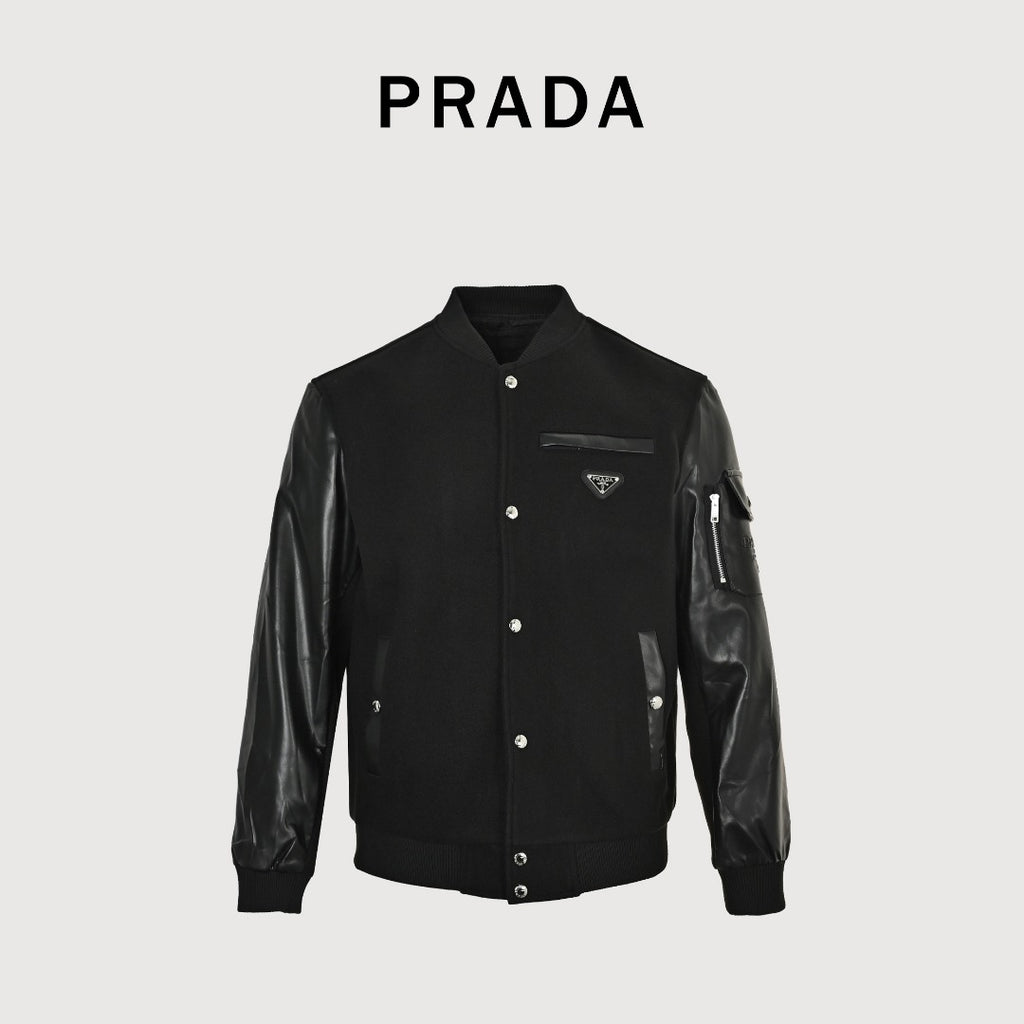 Prada Triangle Logo Leather Sleeve Varsity Baseball Jacket Black