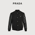 Prada Triangle Logo Leather Sleeve Varsity Baseball Jacket Black