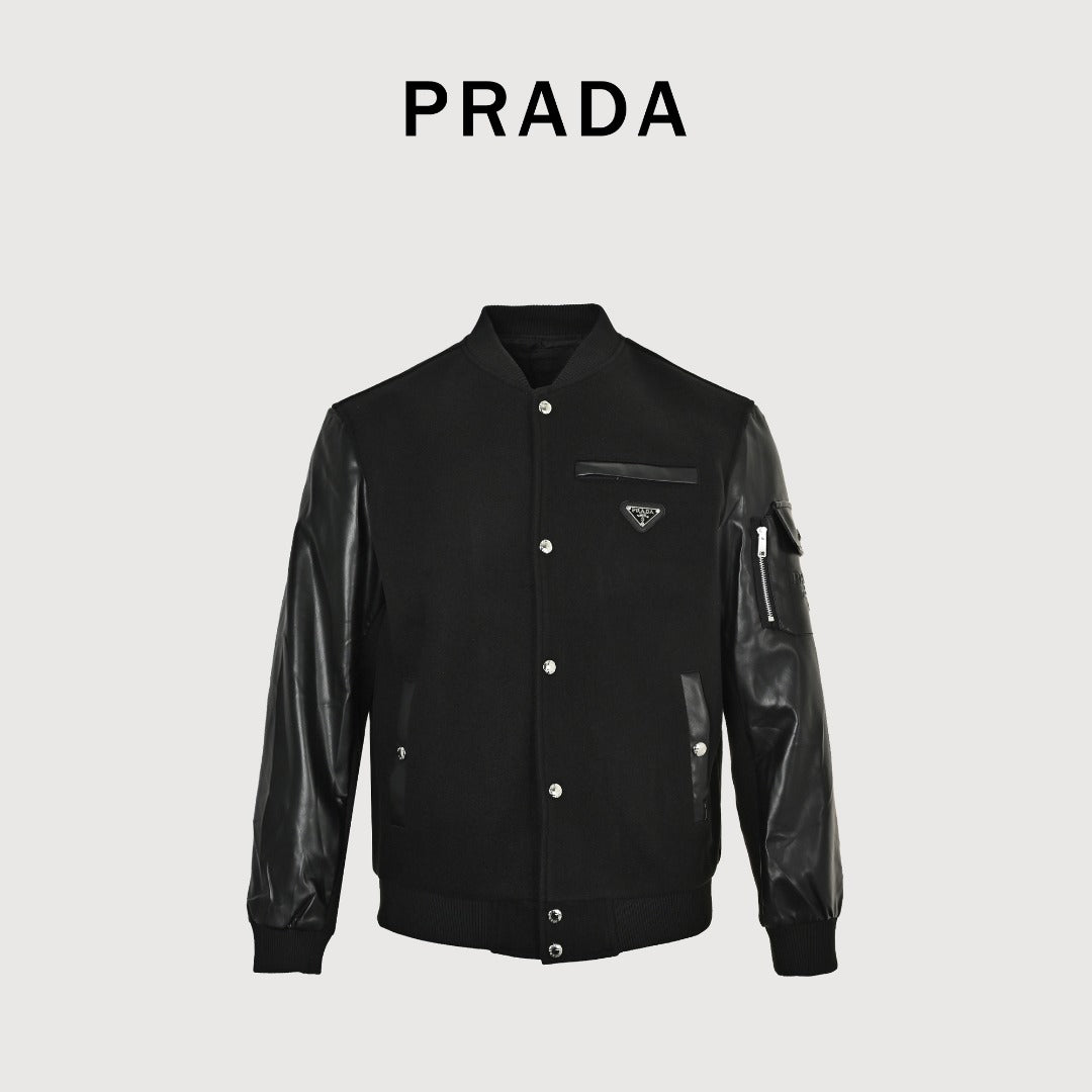 Prada Triangle Logo Leather Sleeve Varsity Baseball Jacket Black
