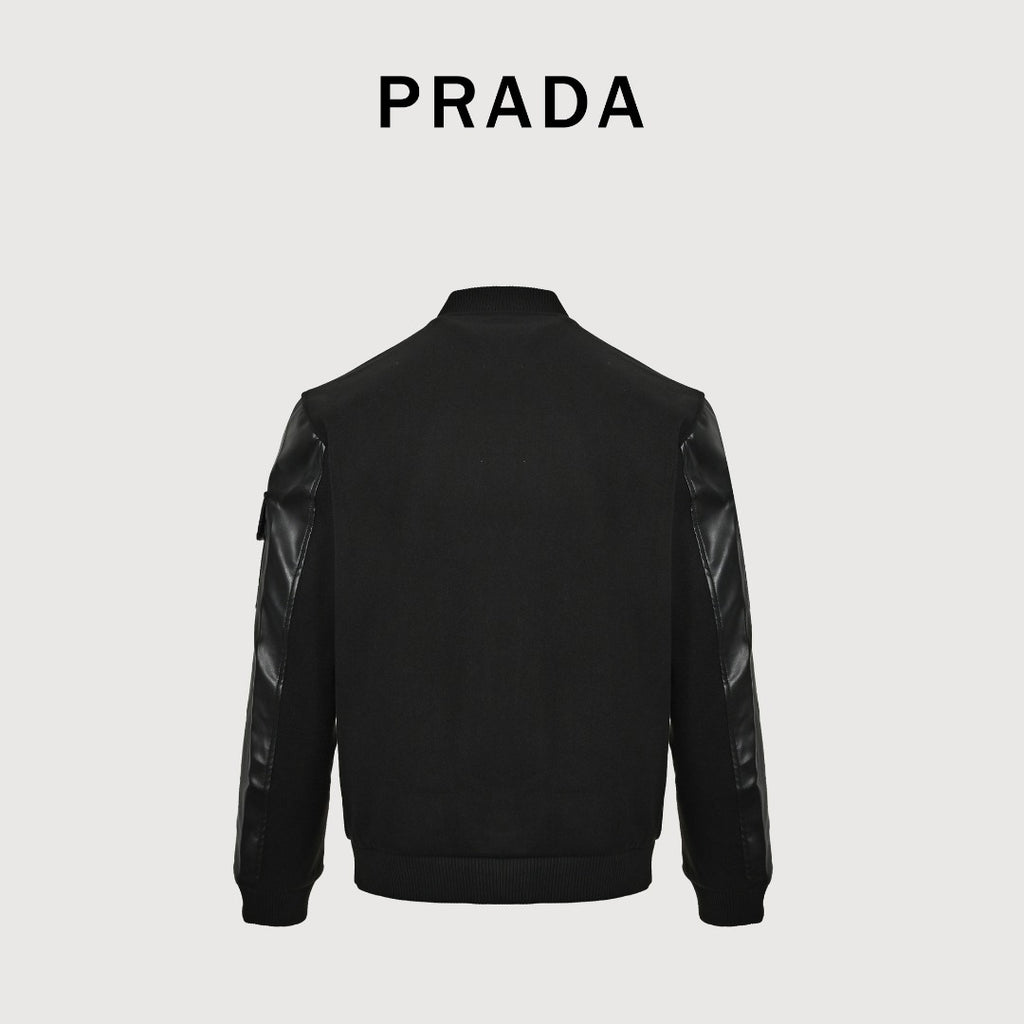 Prada Triangle Logo Leather Sleeve Varsity Baseball Jacket Black