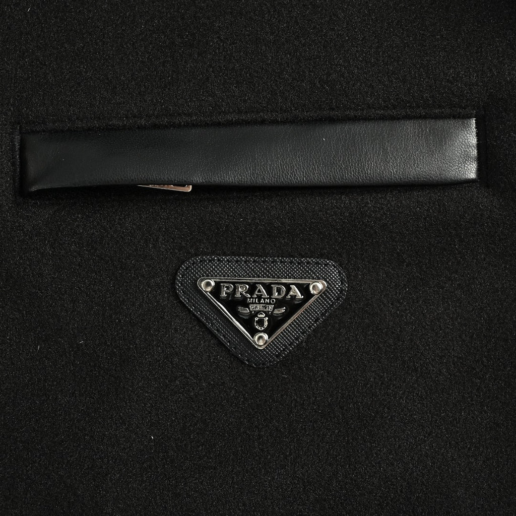 Prada Triangle Logo Leather Sleeve Varsity Baseball Jacket Black