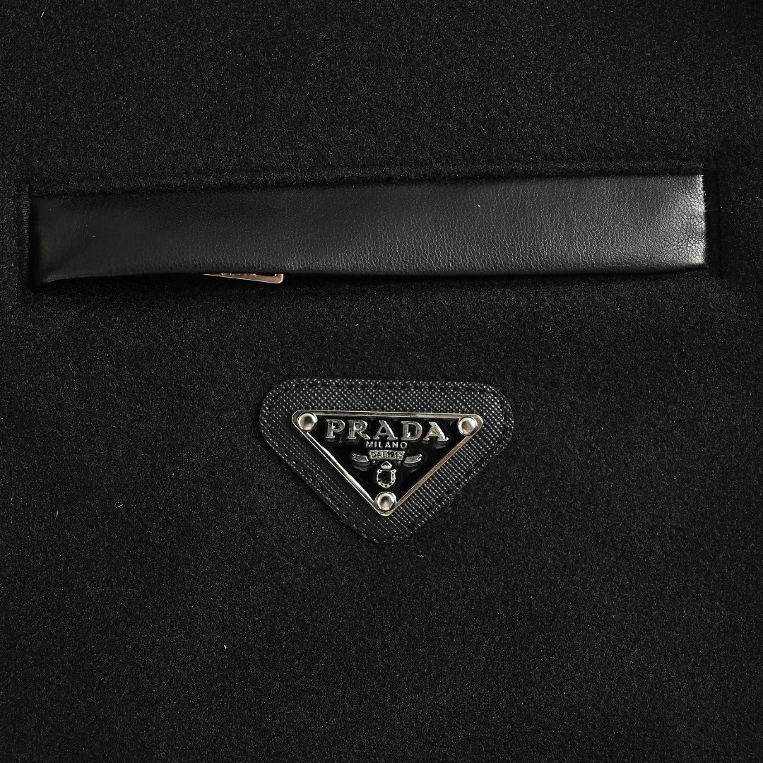 Prada Triangle Logo Leather Sleeve Varsity Baseball Jacket Black