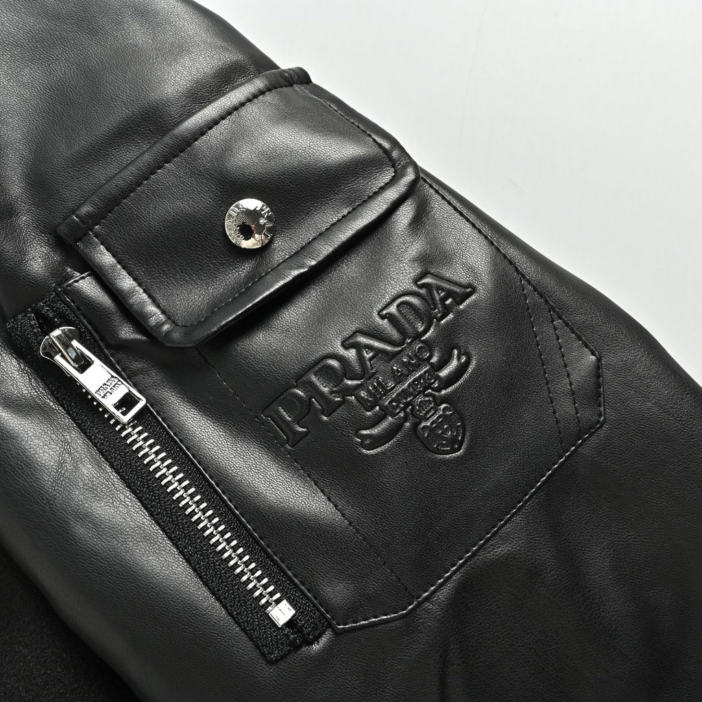 Prada Triangle Logo Leather Sleeve Varsity Baseball Jacket Black