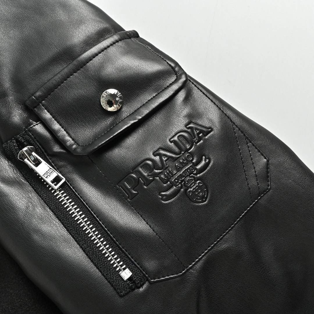 Prada Triangle Logo Leather Sleeve Varsity Baseball Jacket Black